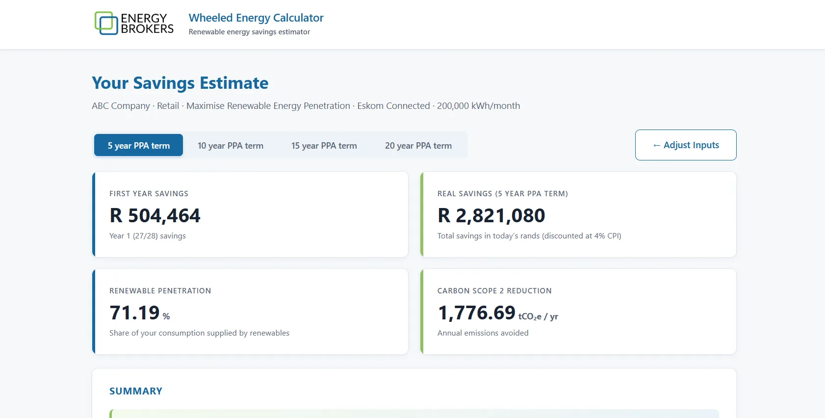 Wheeled Energy Calculator results screen showing estimated savings and carbon reduction
