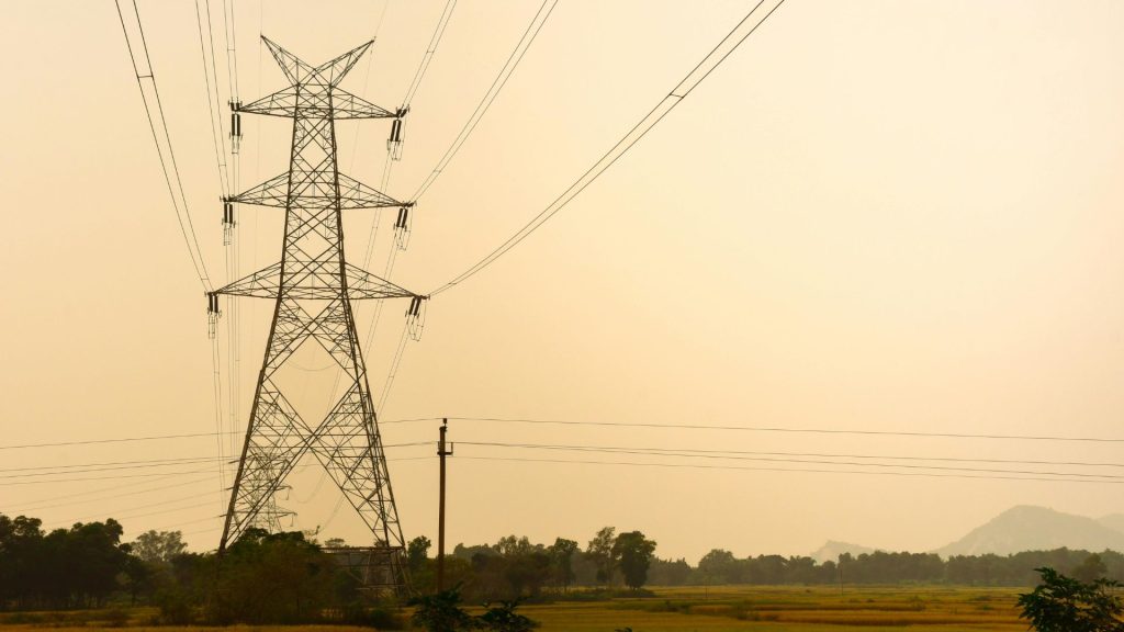High-voltage electricity transmission pylon carrying wheeled energy across the South African national grid