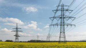 High-voltage electricity transmission pylons stretching across open farmland representing the Eskom wheeling framework and national grid infrastructure in South Africa